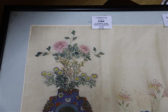 A Chinese painting on silk of antiques and flowers, c.1900,